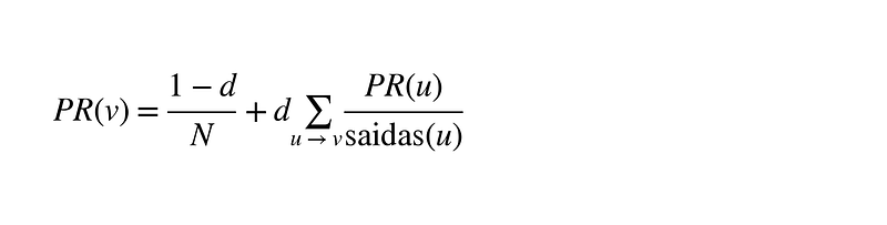 Fórmula do PageRank: (1 − d)/N mais d vezes a soma de PR(u) dividido pelo número de saídas de u