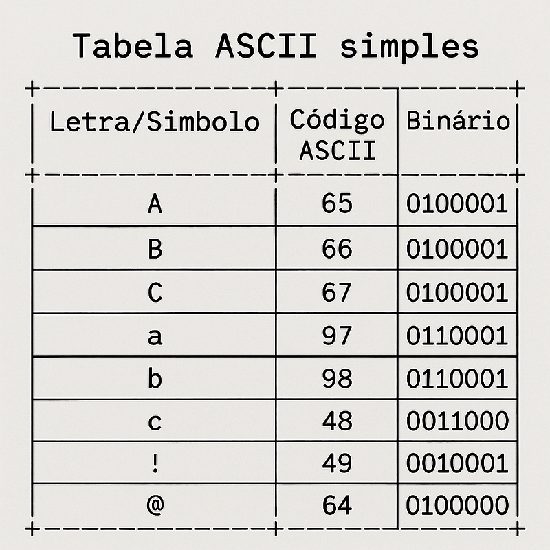 Exemplos de letras e símbolos representados em ASCII