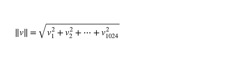 Fórmula da norma L2 de um vetor de 1024 dimensões: raiz da soma dos quadrados de v1 até v1024