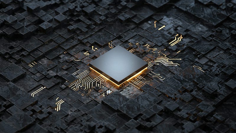 Chip de processador escuro com trilhas de circuito douradas sobre uma superfície de blocos