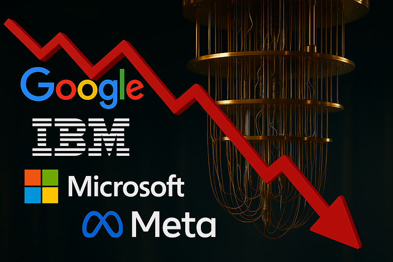 Logotipos de Google, IBM, Microsoft e Meta ao lado de um computador quântico, com uma seta vermelha em queda
