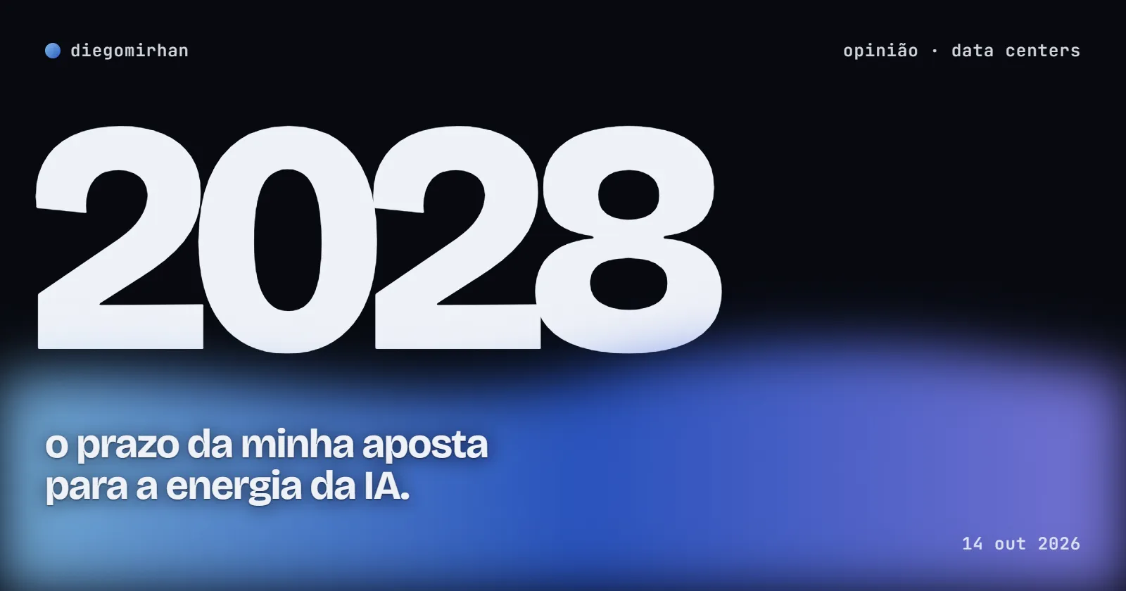 "2028" em letras enormes sobre uma onda de luz azul; o prazo da minha aposta para a energia da IA.