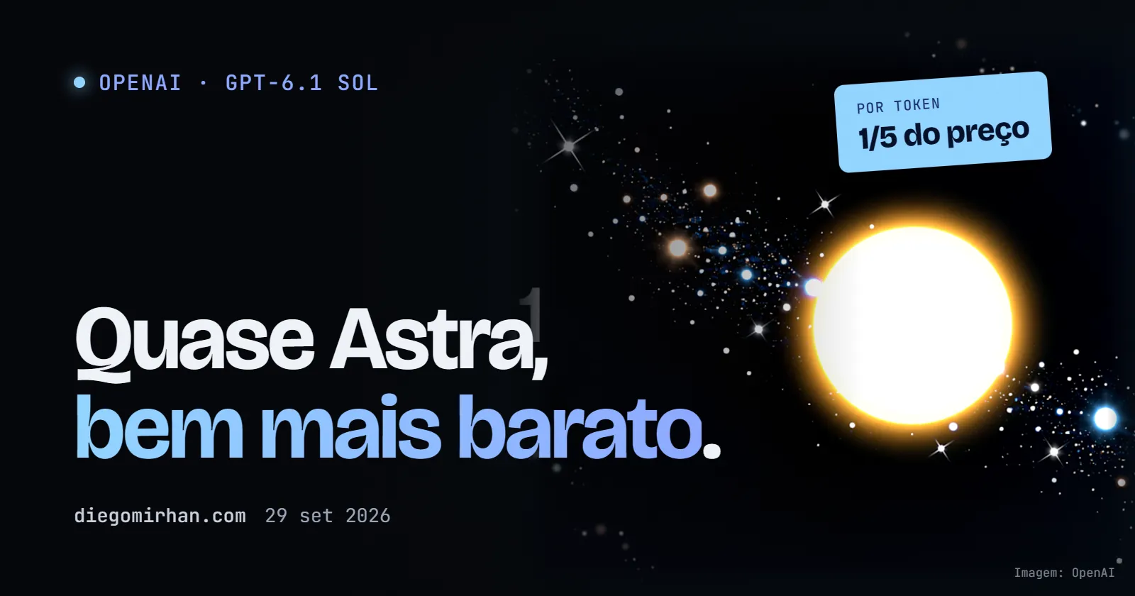"Quase Astra, bem mais barato." sobre foto de arte oficial do GPT-6.1 Sol: um sol entre estrelas; selo: 1/5 do preço
