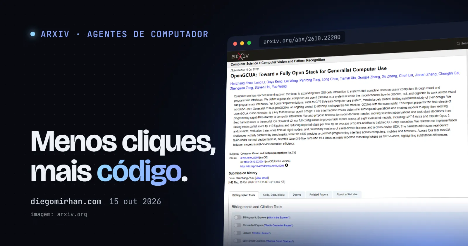 "Menos cliques, mais código." ao lado de uma janela com página do paper OpenGCUA no arXiv