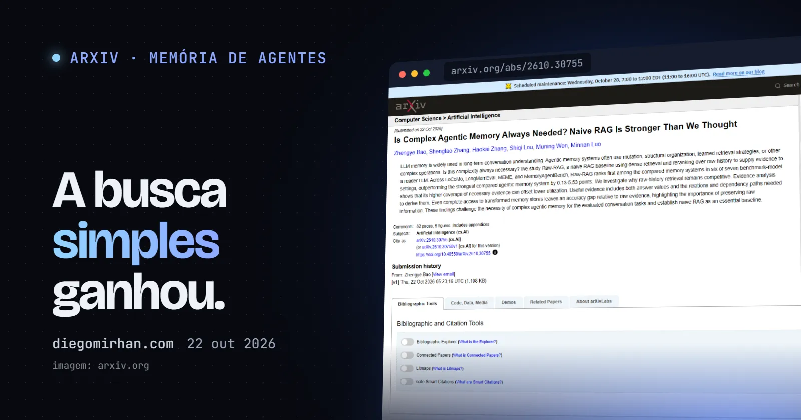 "A busca simples ganhou." ao lado de uma janela com página do paper Raw-RAG no arXiv