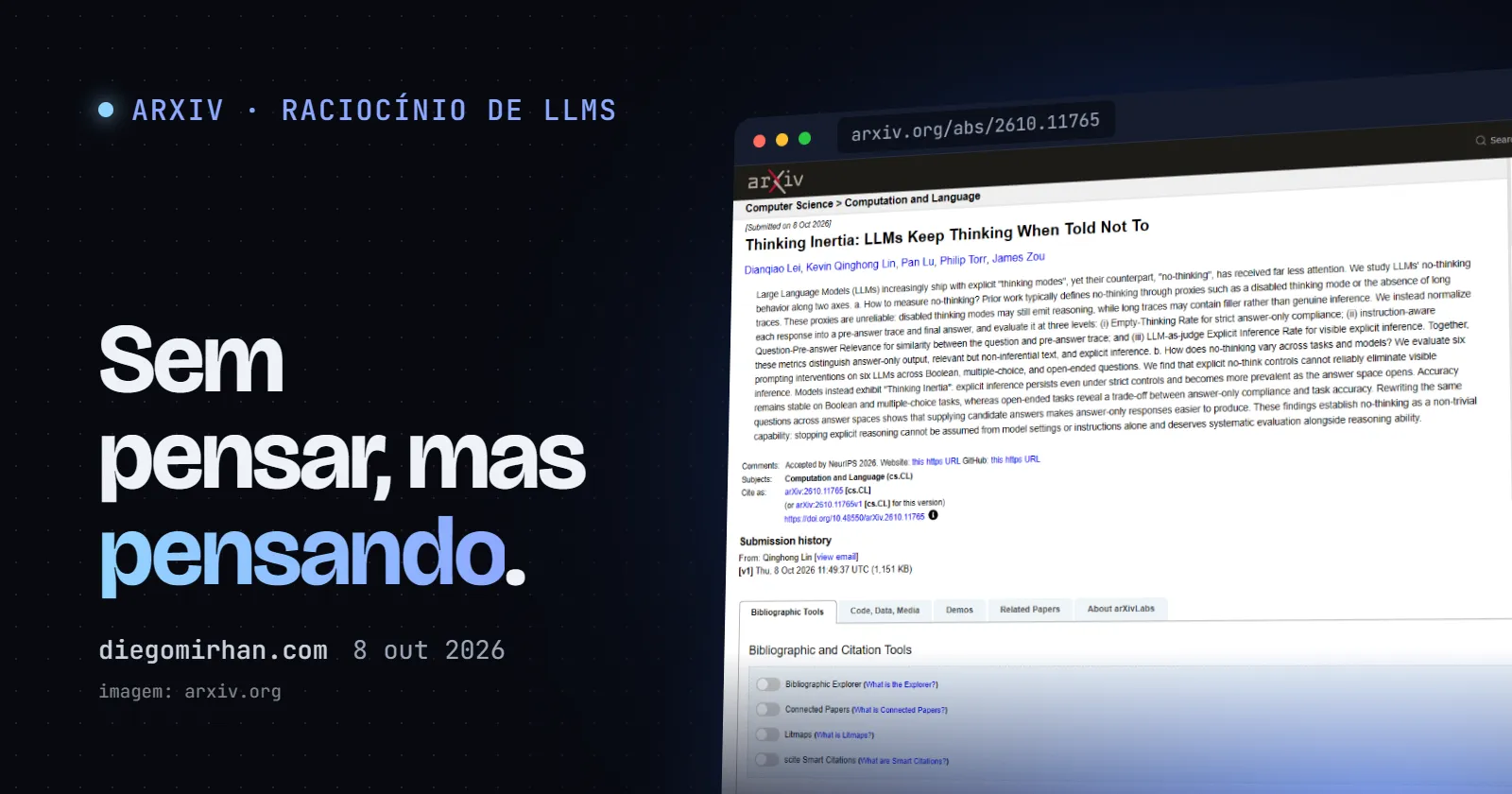 "Sem pensar, mas pensando." ao lado de uma janela com página do paper Thinking Inertia no arXiv