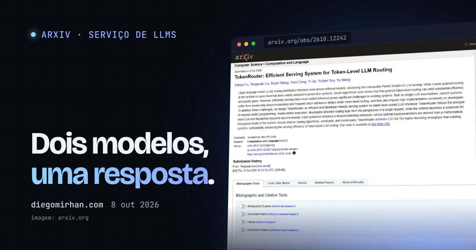 "Dois modelos, uma resposta." ao lado de uma janela com página do paper TokenRouter no arXiv