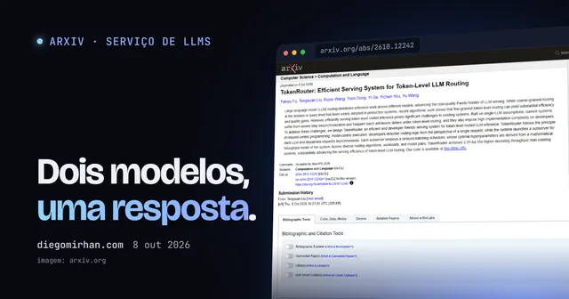 "Dois modelos, uma resposta." ao lado de uma janela com página do paper TokenRouter no arXiv